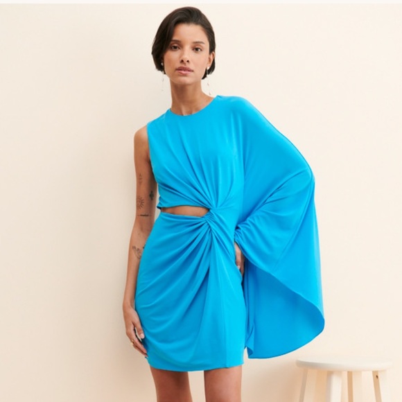 Halston - Daniela Jersey Side Twist Mini Dress - Azure Blue - Size 10 - Picture 2 of 8